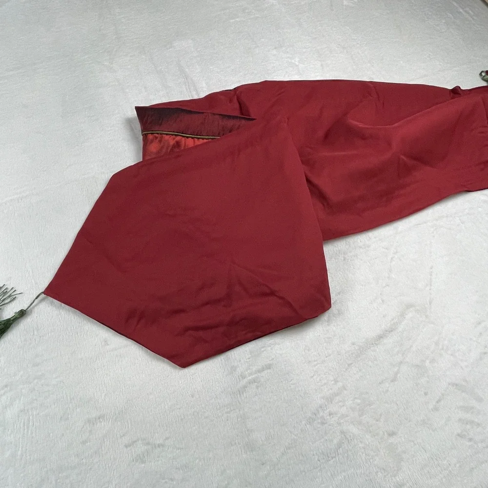 Burgundy Floral Embroidered Faux Silk Table Runner with Tassels 70 Inch Red